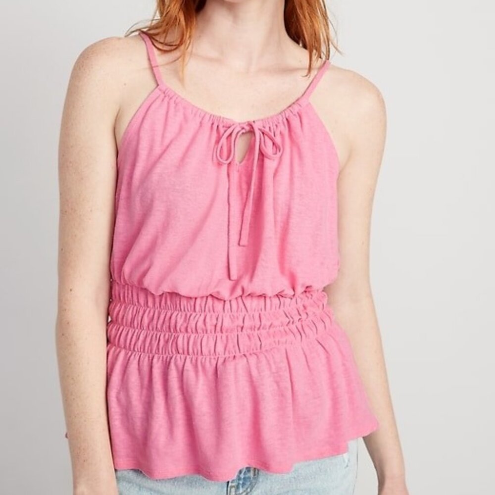 Old Navy Linen Blend Smocked Tank Top Tie Front Sparkle Berry Pink Size XL NEW
